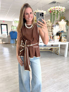 Mocha Contrast Trim Tie Waist Peplum Top - Anderson Ave boutique