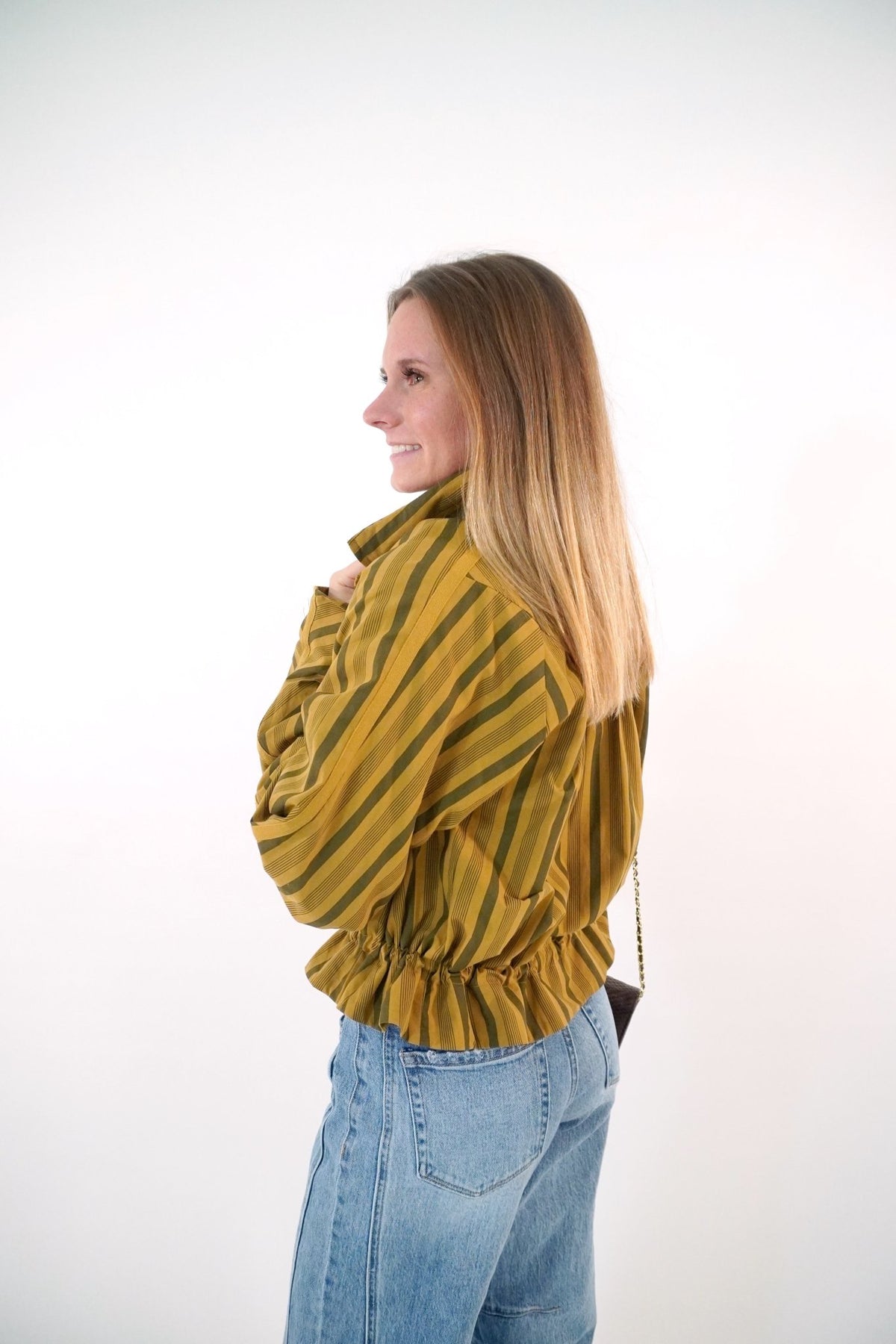 Mustard and Olive Striped Ruffle Hem Zip Jacket - Anderson Ave boutique