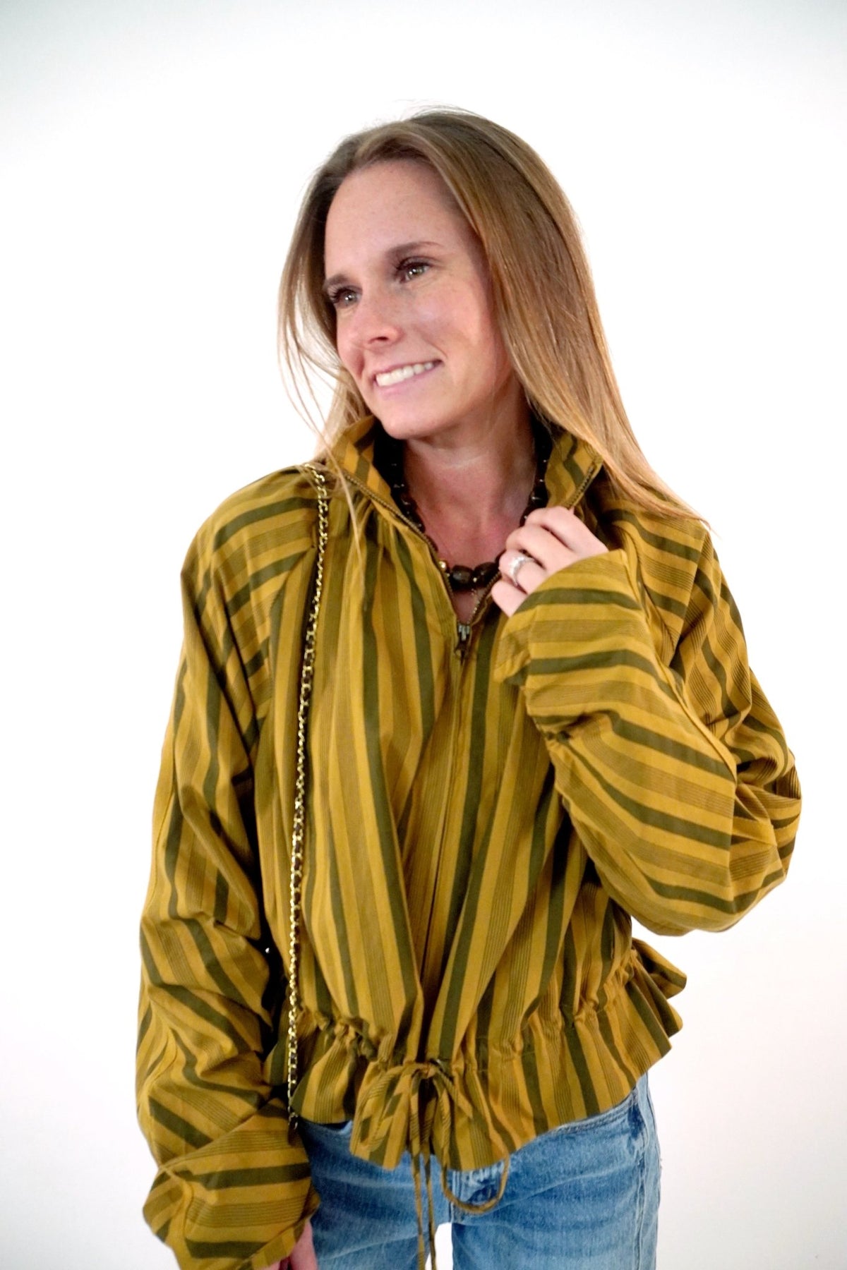 Mustard and Olive Striped Ruffle Hem Zip Jacket - Anderson Ave boutique