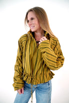 Mustard and Olive Striped Ruffle Hem Zip Jacket - Anderson Ave boutique