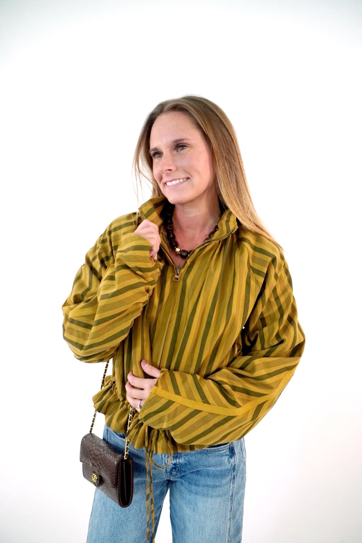 Mustard and Olive Striped Ruffle Hem Zip Jacket - Anderson Ave boutique