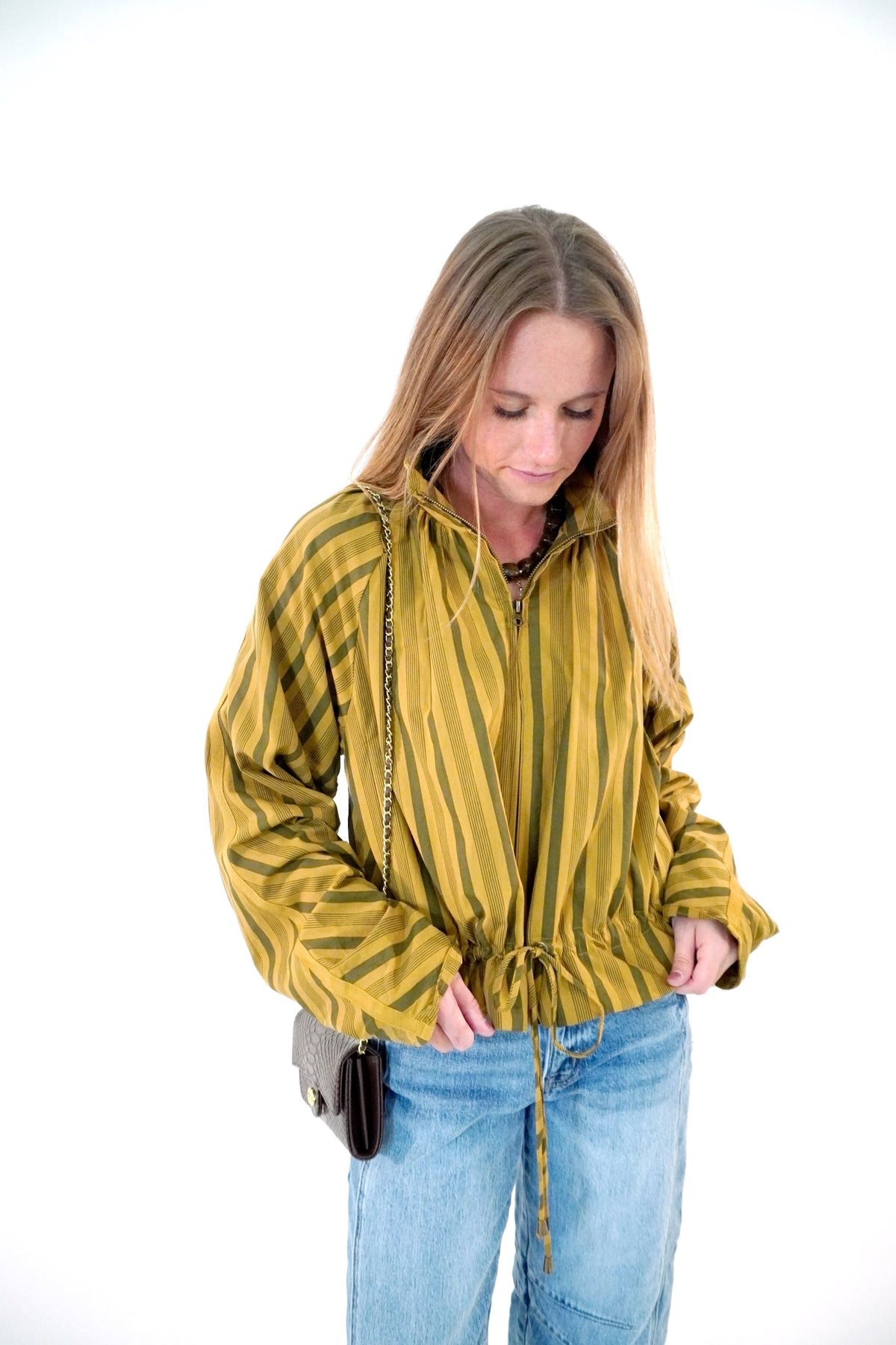 Mustard and Olive Striped Ruffle Hem Zip Jacket - Anderson Ave boutique