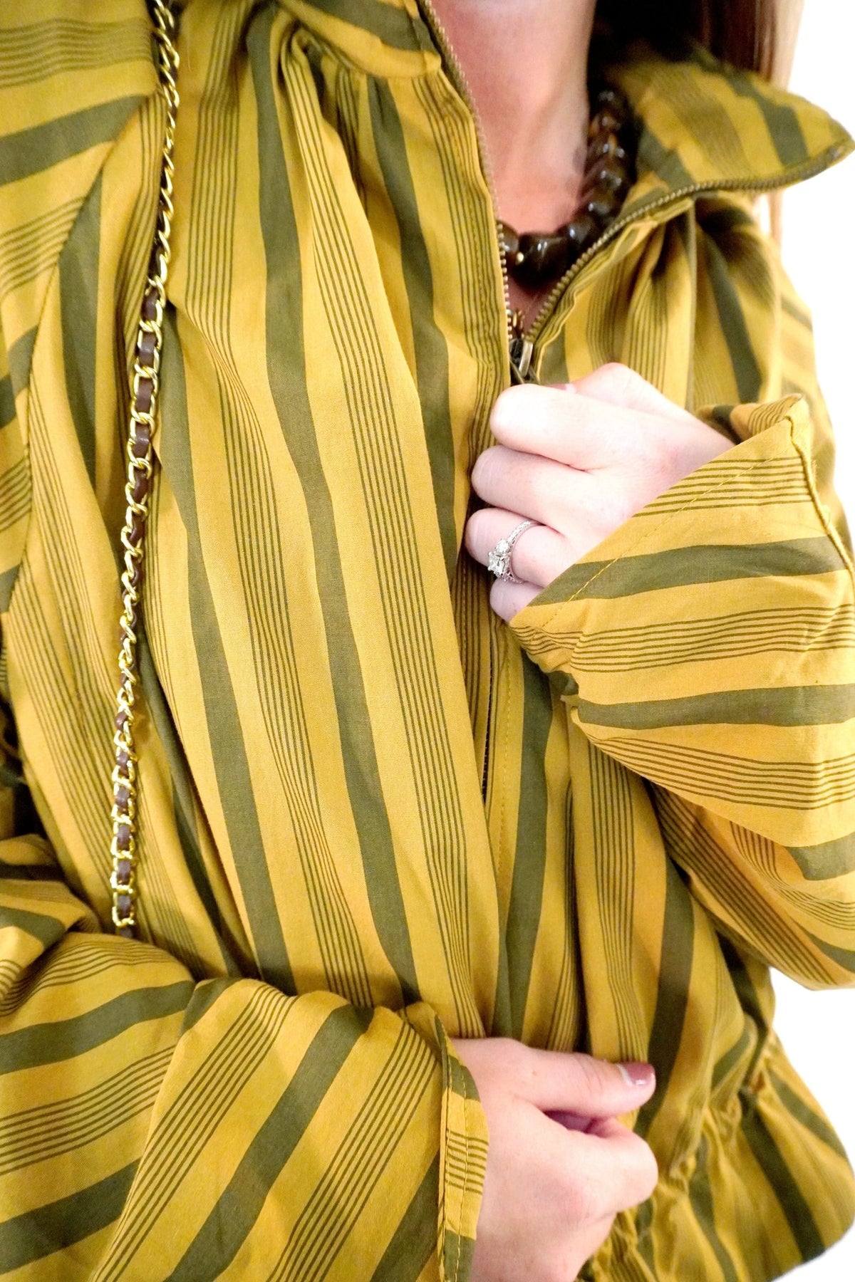 Mustard and Olive Striped Ruffle Hem Zip Jacket - Anderson Ave boutique