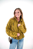 Mustard and Olive Striped Ruffle Hem Zip Jacket - Anderson Ave boutique