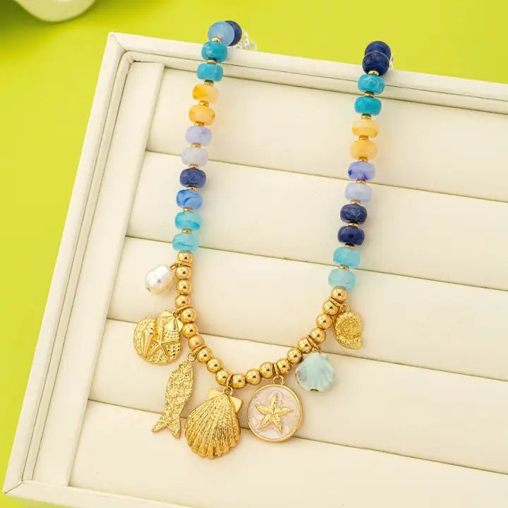 Nautical Blue Beaded Sealife Charm Necklace - Anderson Ave boutique