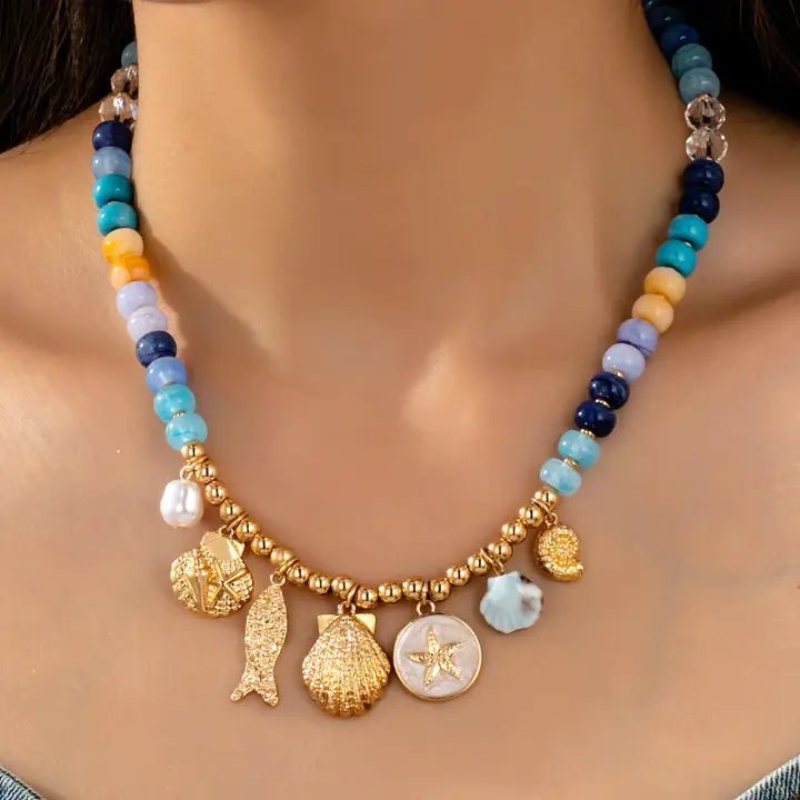 Nautical Blue Beaded Sealife Charm Necklace - Anderson Ave boutique
