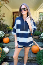 Navy and Gray Striped Quarter Zip Shorts Set - Anderson Ave boutique
