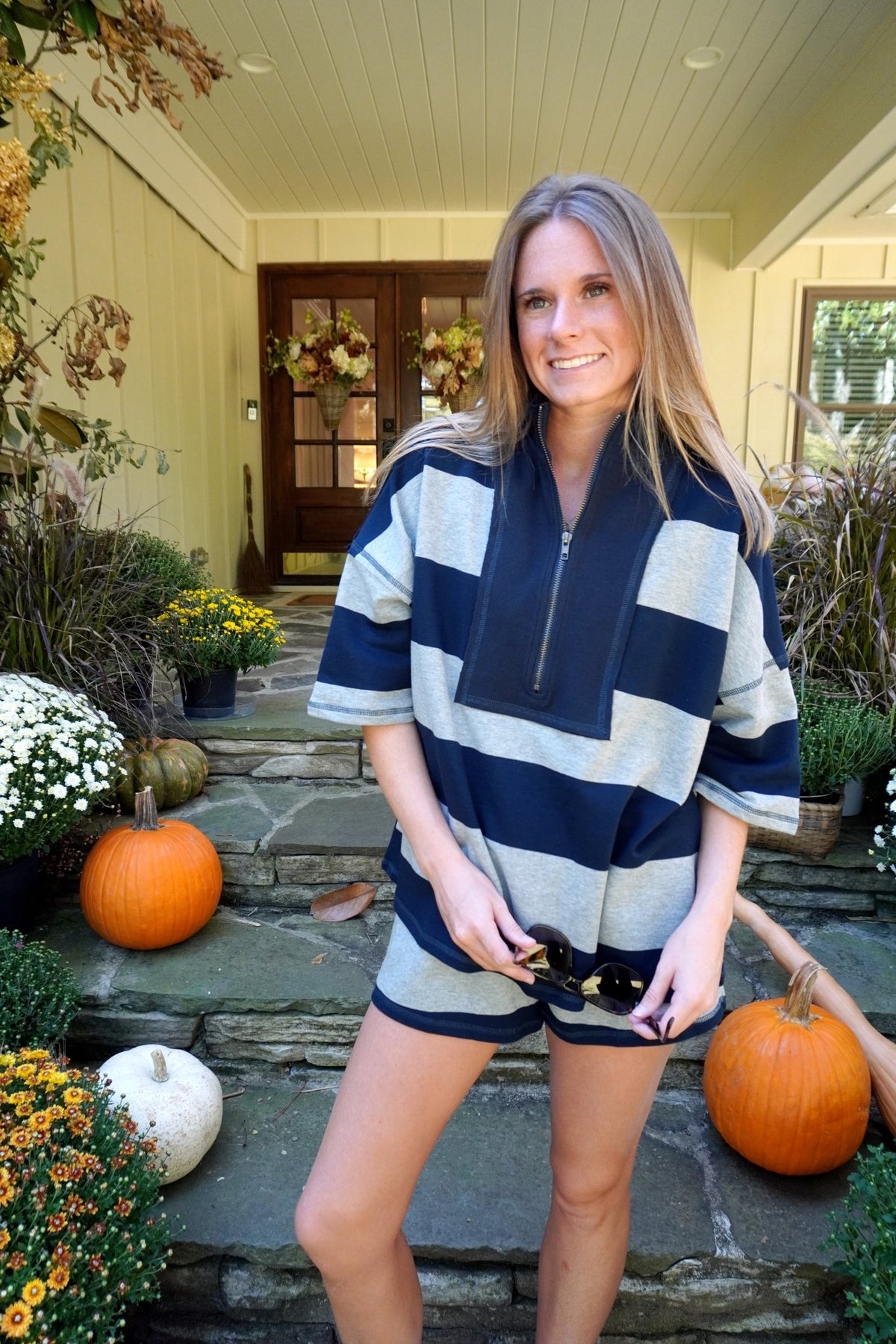 Navy and Gray Striped Quarter Zip Shorts Set - Anderson Ave boutique