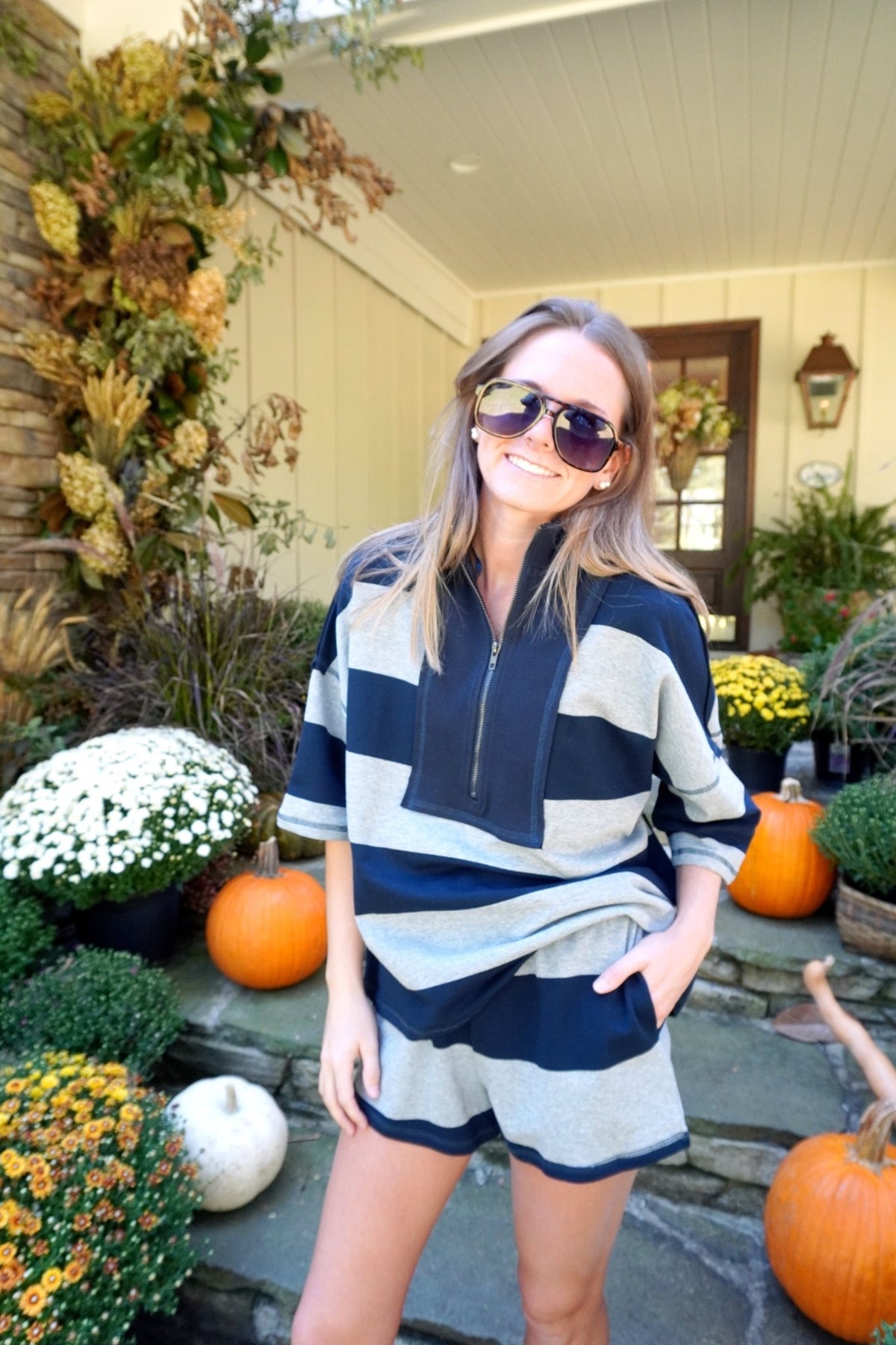 Navy and Gray Striped Quarter Zip Shorts Set - Anderson Ave boutique