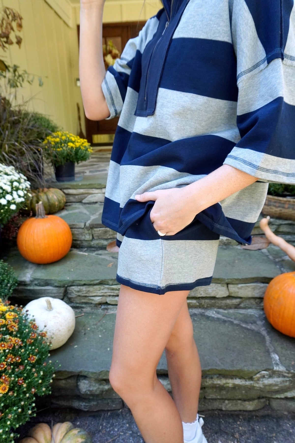 Navy and Gray Striped Quarter Zip Shorts Set - Anderson Ave boutique