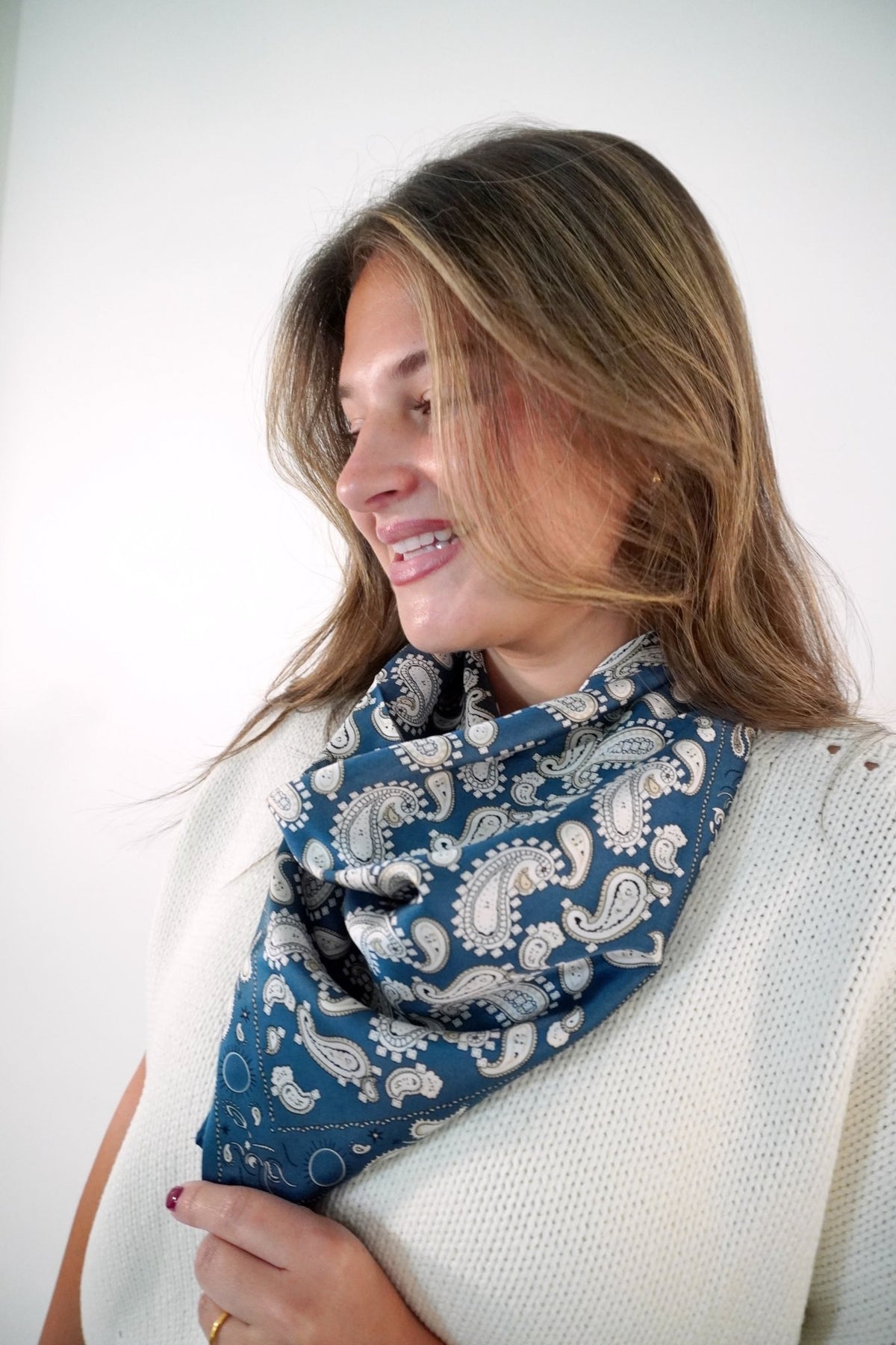 Navy and Teal Paisley Print Satin Square Scarf - Anderson Ave boutique