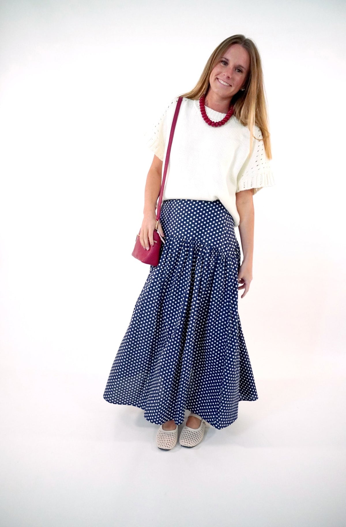 Navy and white Polka Dot Maxi Skirt - Anderson Ave boutique