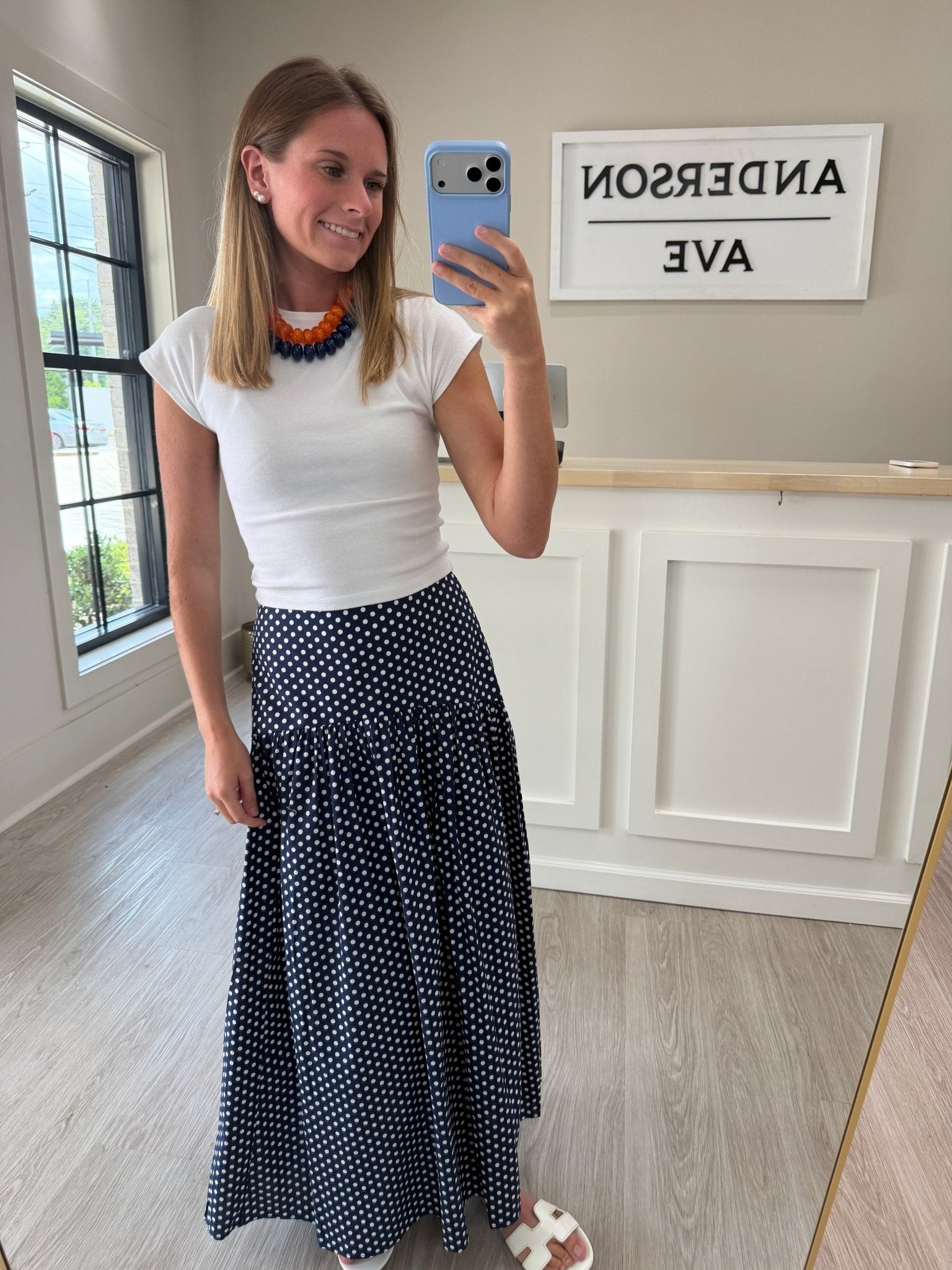 Navy and white Polka Dot Maxi Skirt - Anderson Ave boutique