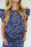 Navy Blue Floral Ruffle Sleeve Top - Anderson Ave boutique
