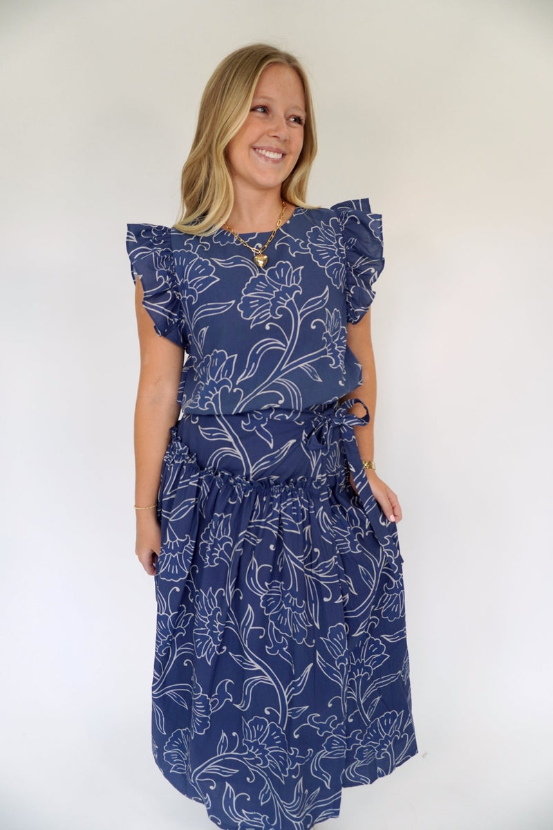 Navy Blue Floral Ruffle Sleeve Top - Anderson Ave boutique