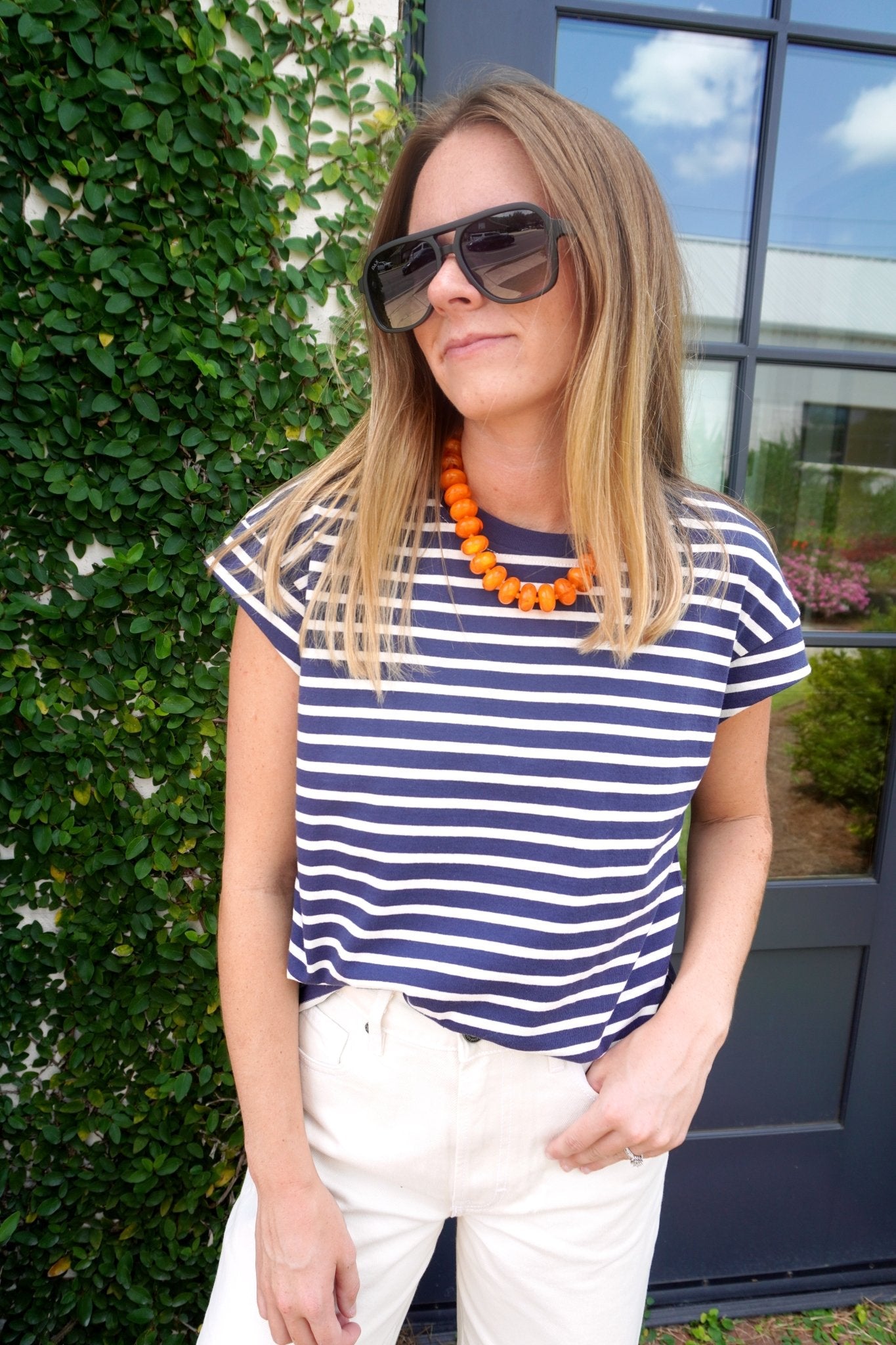Navy Striped Cap Sleeve Tee | Relaxed Everyday Knit Top - Anderson Ave boutique