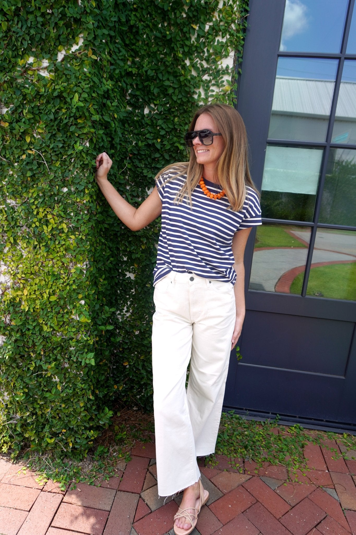 Navy Striped Cap Sleeve Tee | Relaxed Everyday Knit Top - Anderson Ave boutique