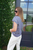 Navy Striped Cap Sleeve Tee | Relaxed Everyday Knit Top - Anderson Ave boutique
