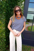 Navy Striped Cap Sleeve Tee | Relaxed Everyday Knit Top - Anderson Ave boutique
