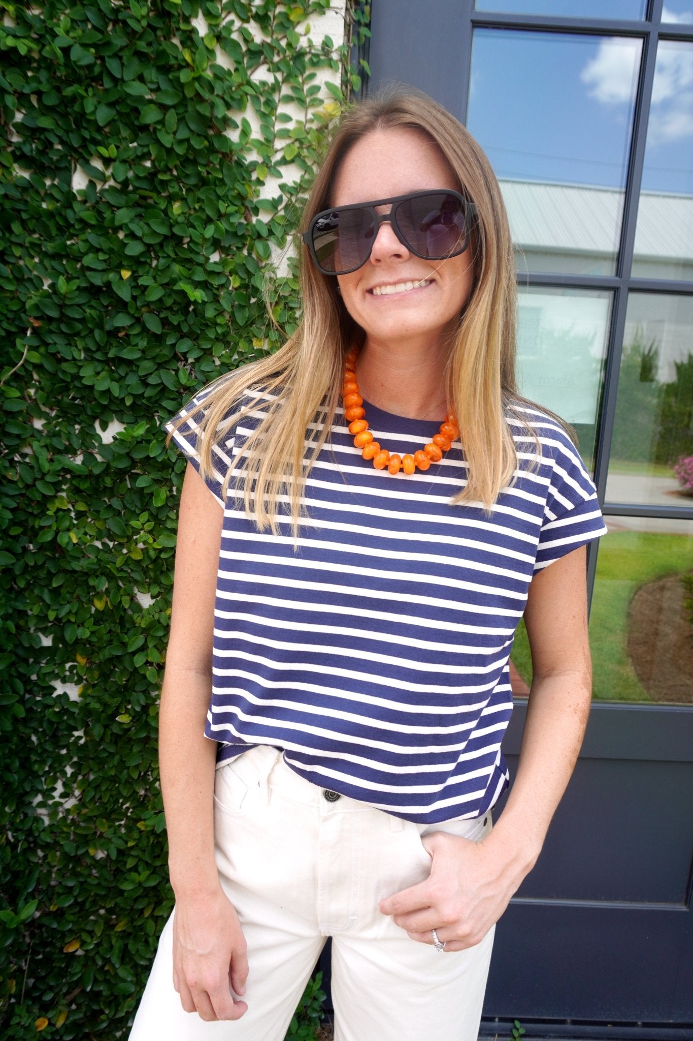Navy Striped Cap Sleeve Tee | Relaxed Everyday Knit Top - Anderson Ave boutique