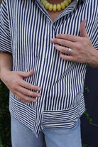 Navy Striped Cotton Button Down Top - Anderson Ave boutique