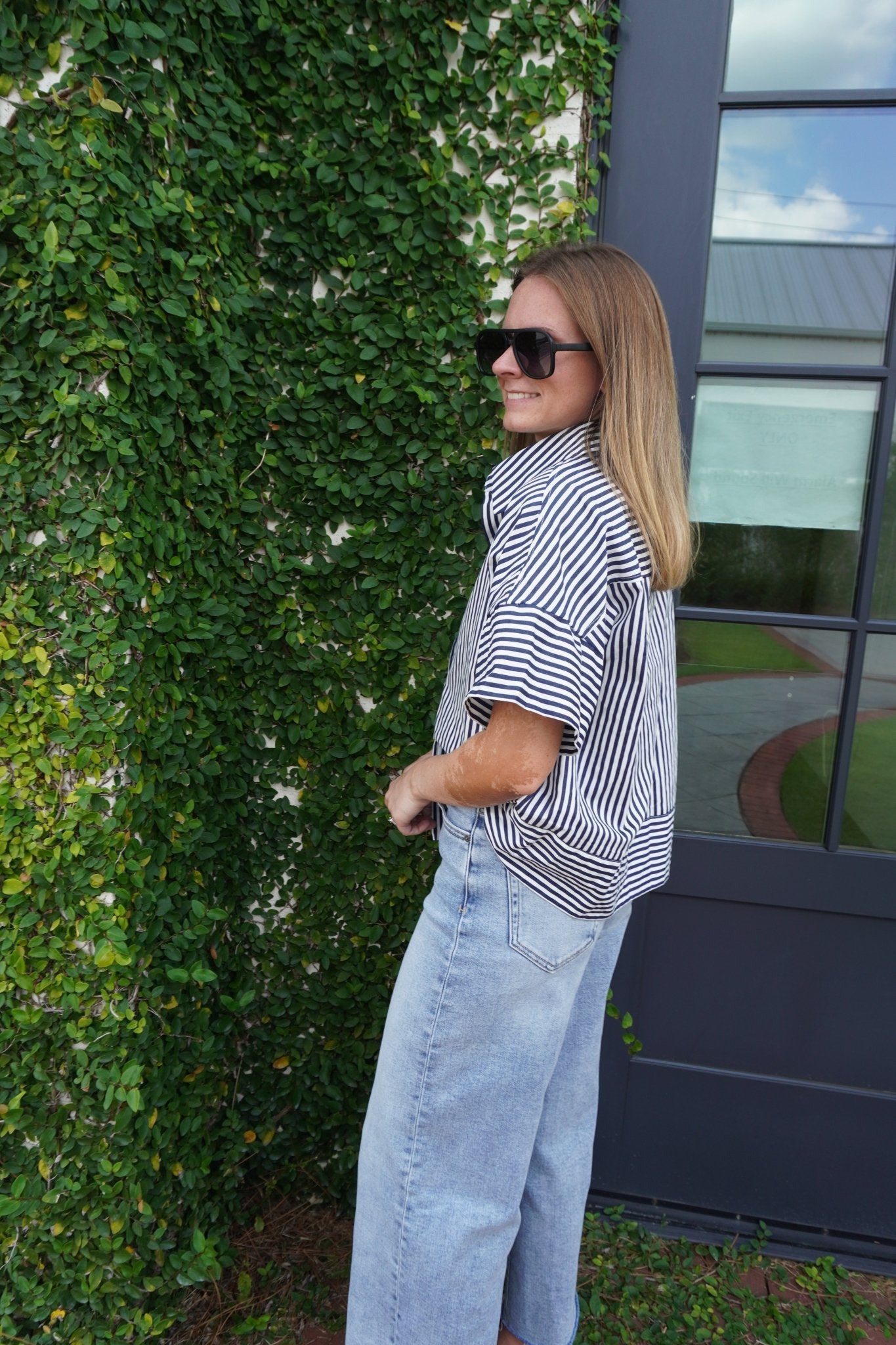 Navy Striped Cotton Button Down Top - Anderson Ave boutique