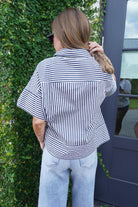 Navy Striped Cotton Button Down Top - Anderson Ave boutique