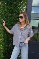 Navy Striped Cotton Button Down Top - Anderson Ave boutique