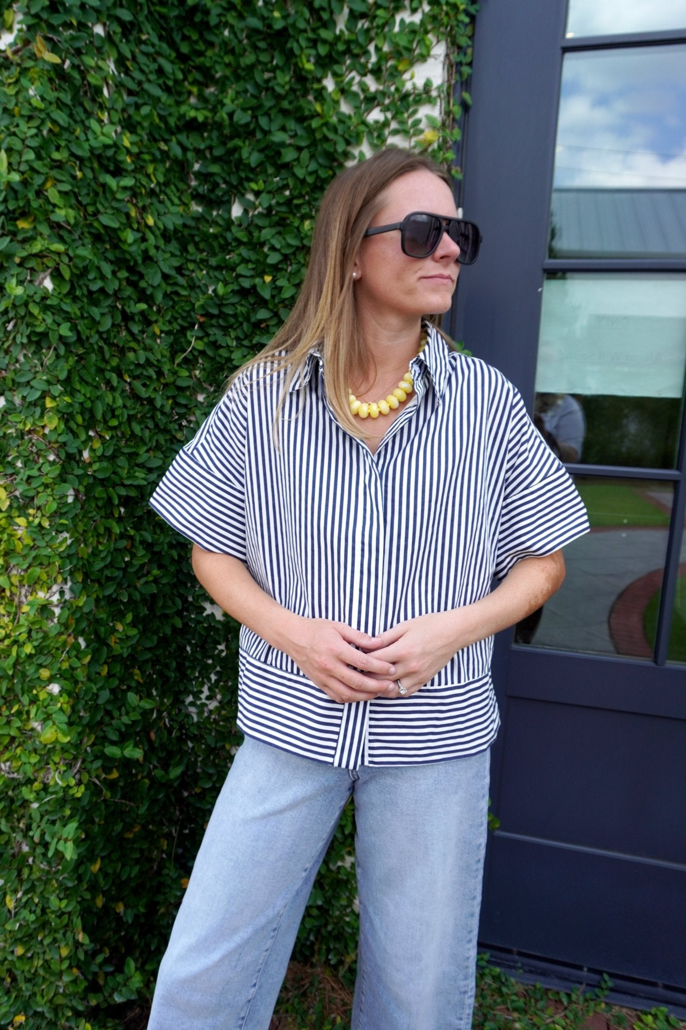 Navy Striped Cotton Button Down Top - Anderson Ave boutique