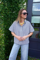 Navy Striped Cotton Button Down Top - Anderson Ave boutique