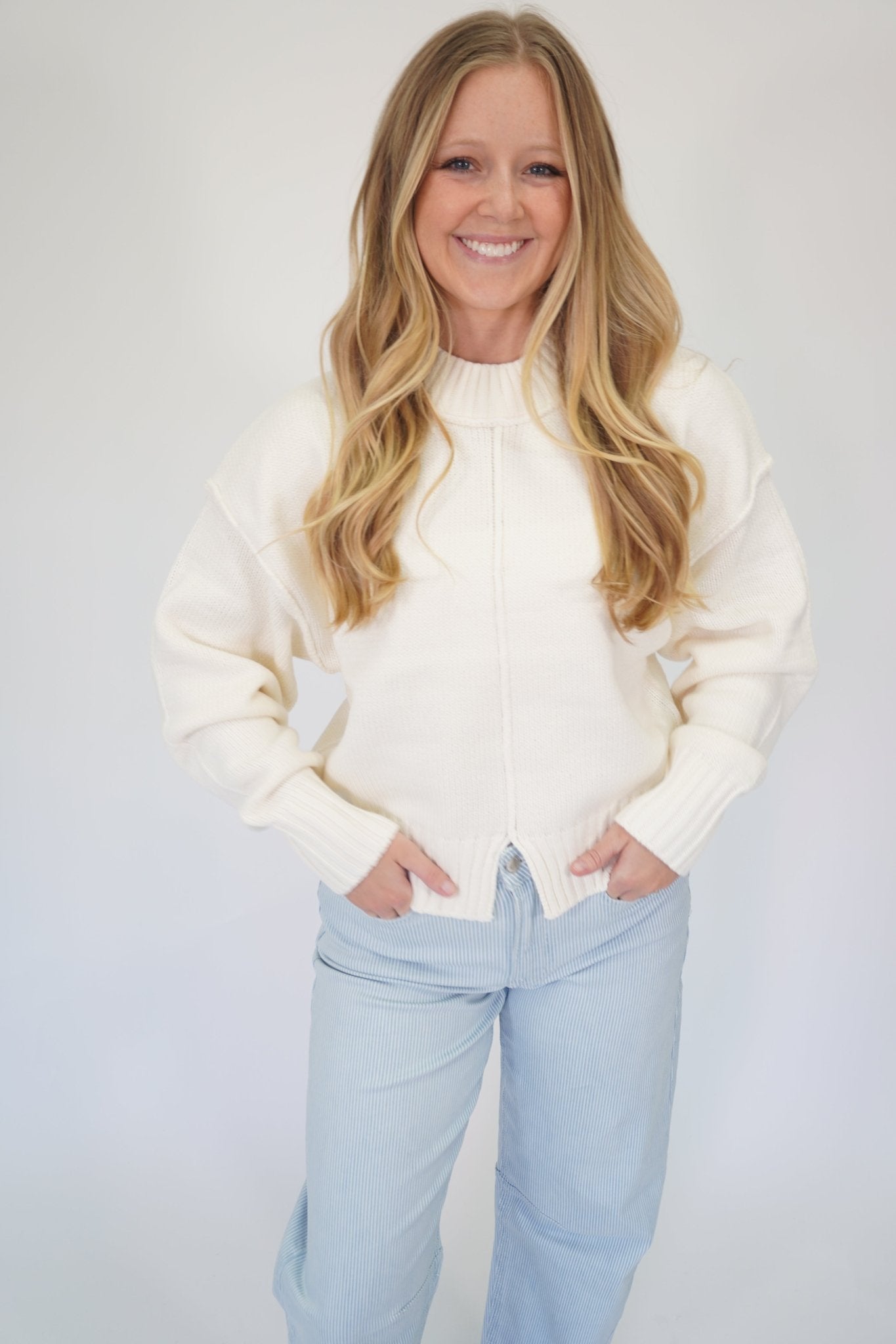 Nora Classic Ribbed Knit Pullover Top - Cream - Anderson Ave boutique