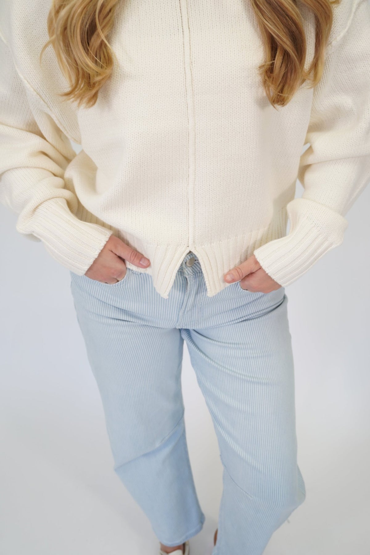 Nora Classic Ribbed Knit Pullover Top - Cream - Anderson Ave boutique