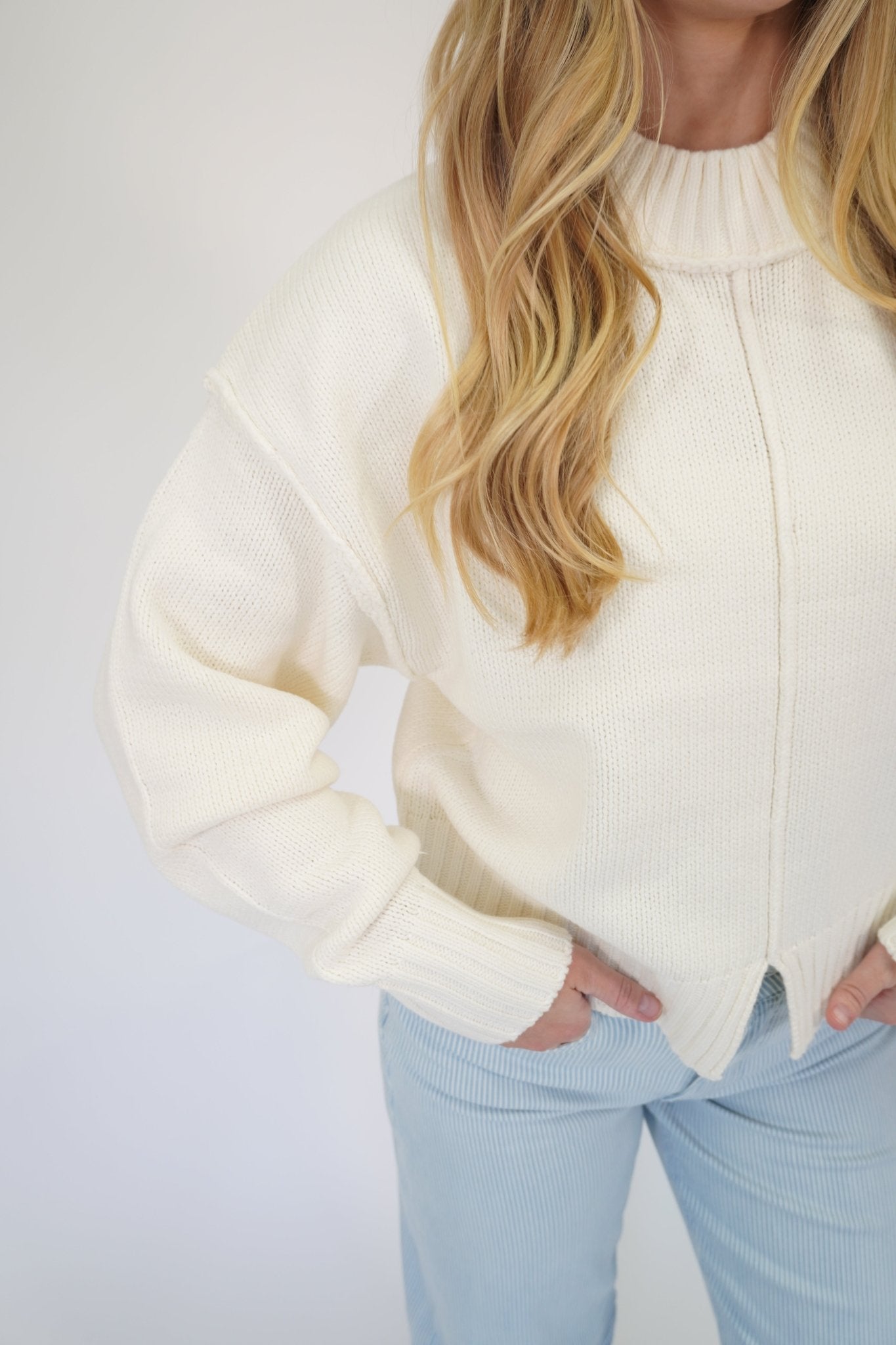 Nora Classic Ribbed Knit Pullover Top - Cream - Anderson Ave boutique