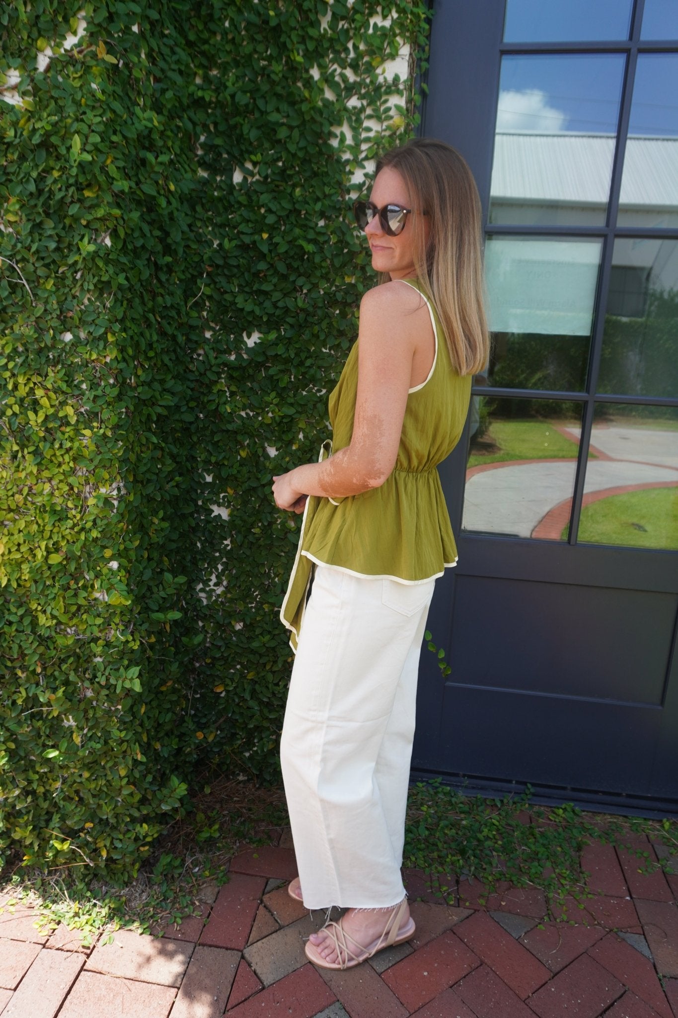 Olive Contrast Trim Tie Waist Peplum Top - Anderson Ave boutique