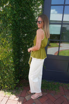 Olive Contrast Trim Tie Waist Peplum Top - Anderson Ave boutique