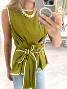 Olive Contrast Trim Tie Waist Peplum Top - Anderson Ave boutique