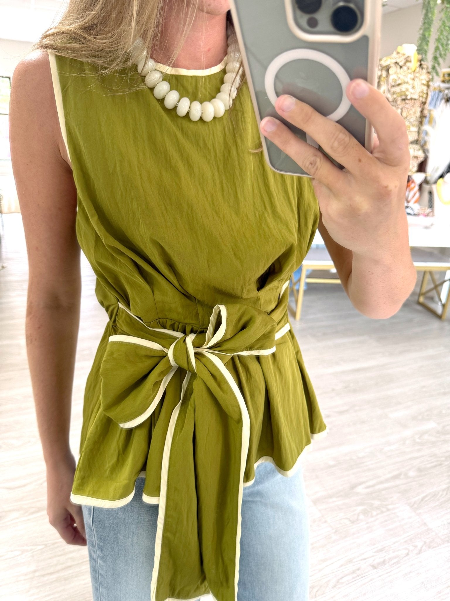Olive Contrast Trim Tie Waist Peplum Top - Anderson Ave boutique