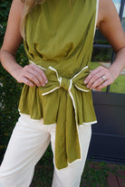 Olive Contrast Trim Tie Waist Peplum Top - Anderson Ave boutique