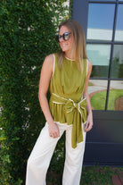 Olive Contrast Trim Tie Waist Peplum Top - Anderson Ave boutique