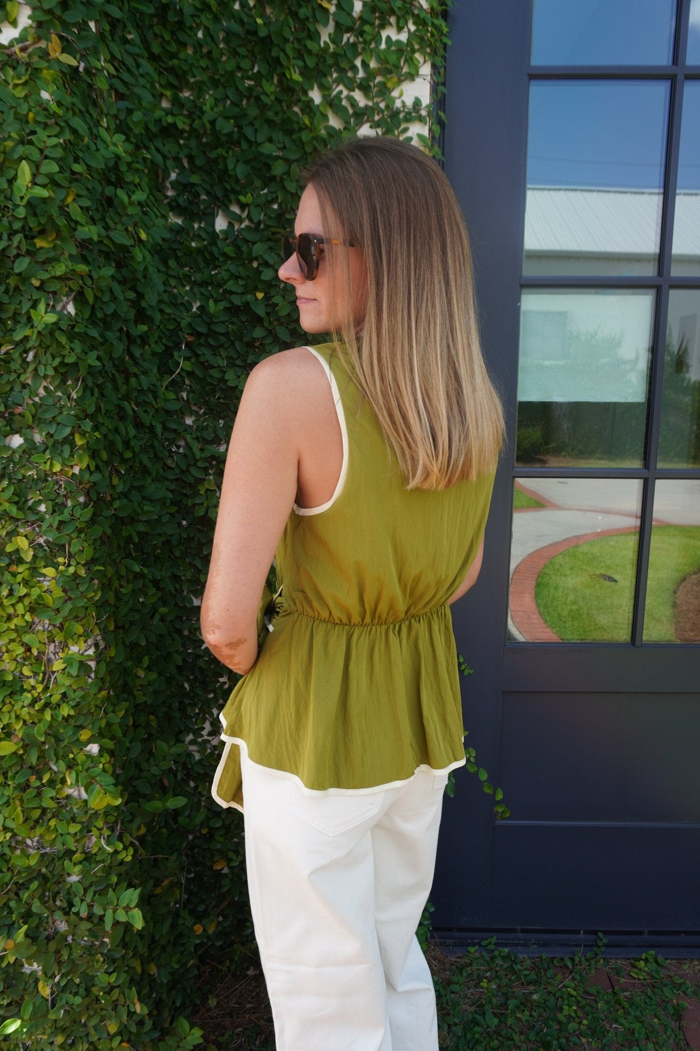 Olive Contrast Trim Tie Waist Peplum Top - Anderson Ave boutique