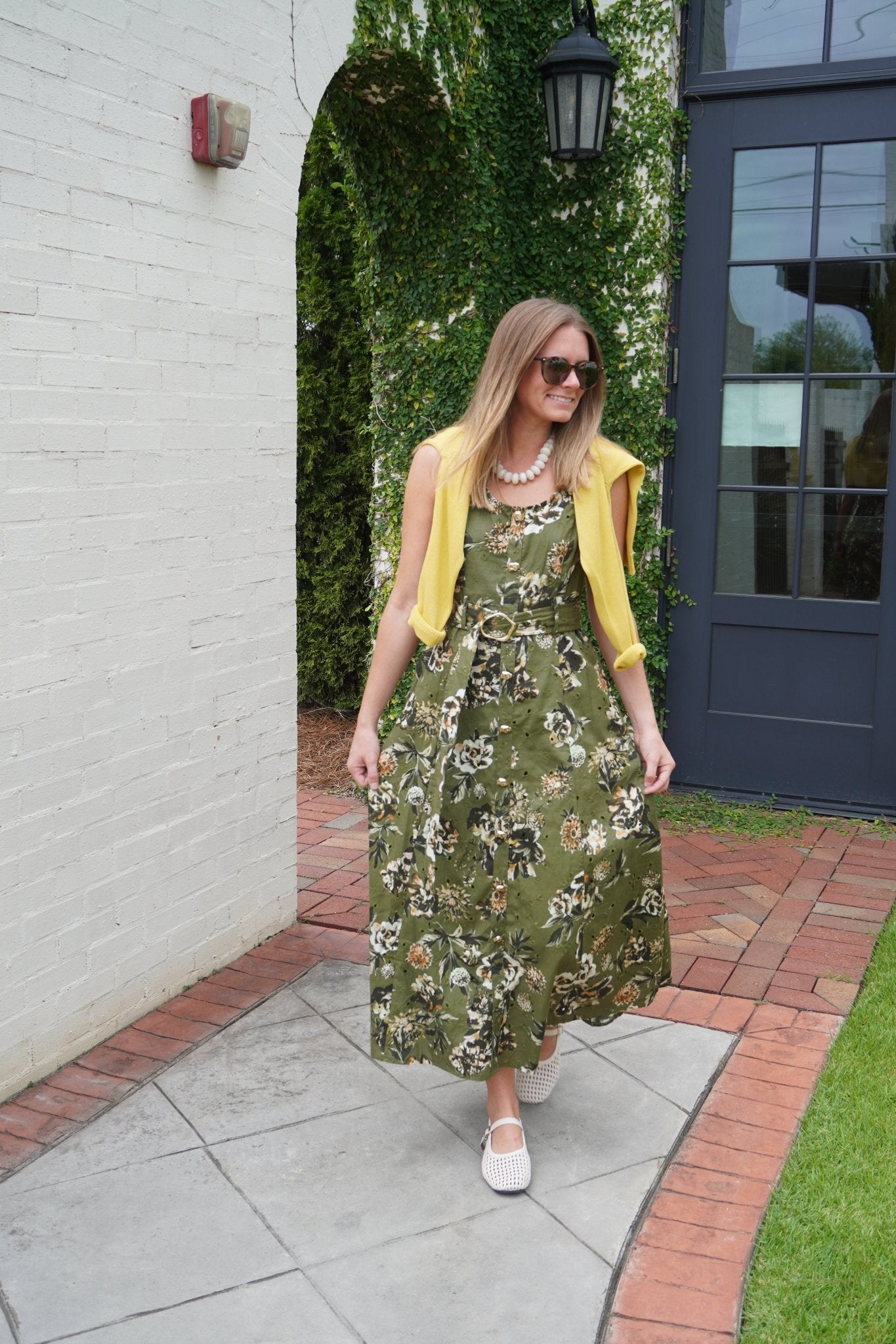 Olive Floral Belted Midi Dress - Anderson Ave boutique