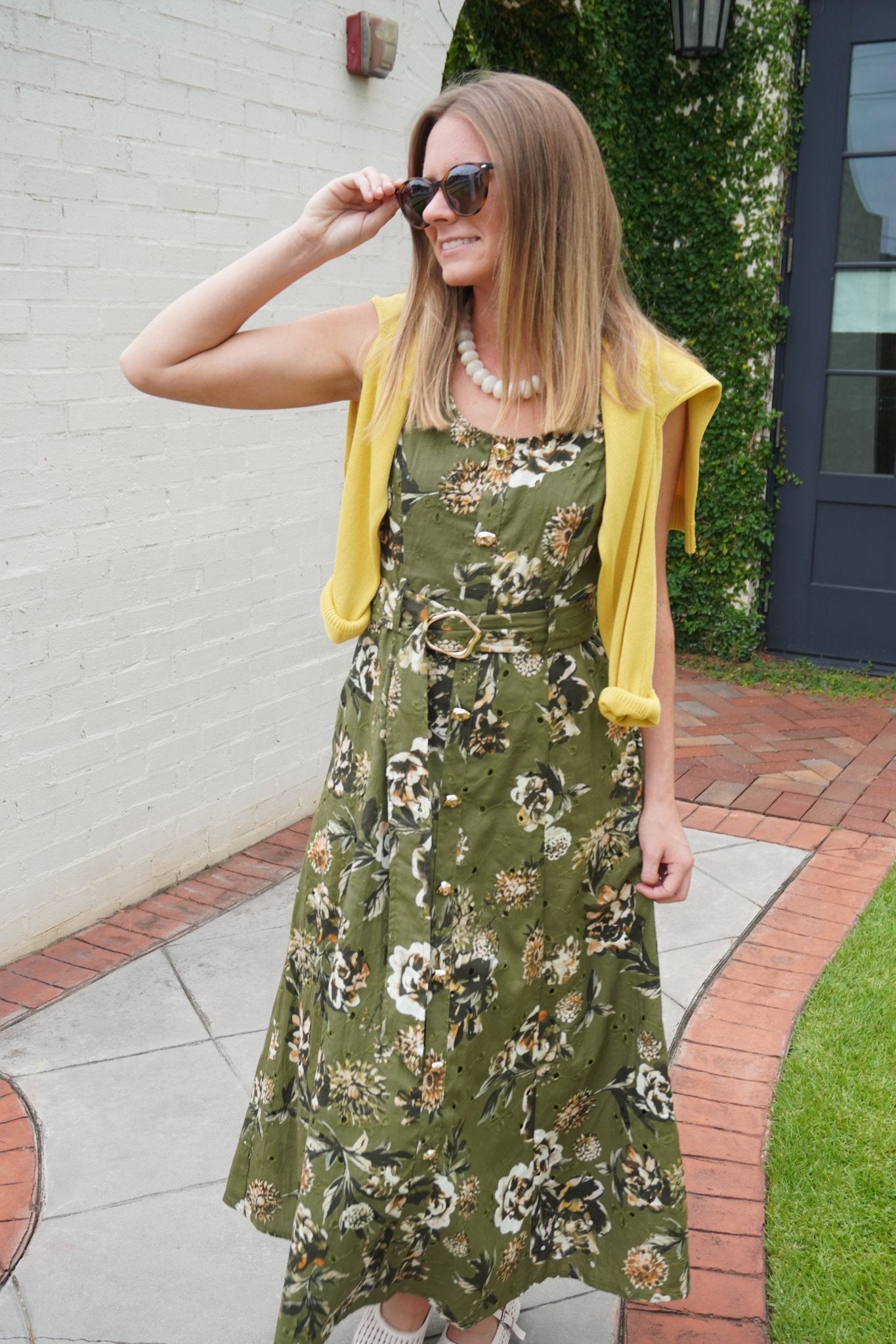 Olive Floral Belted Midi Dress - Anderson Ave boutique