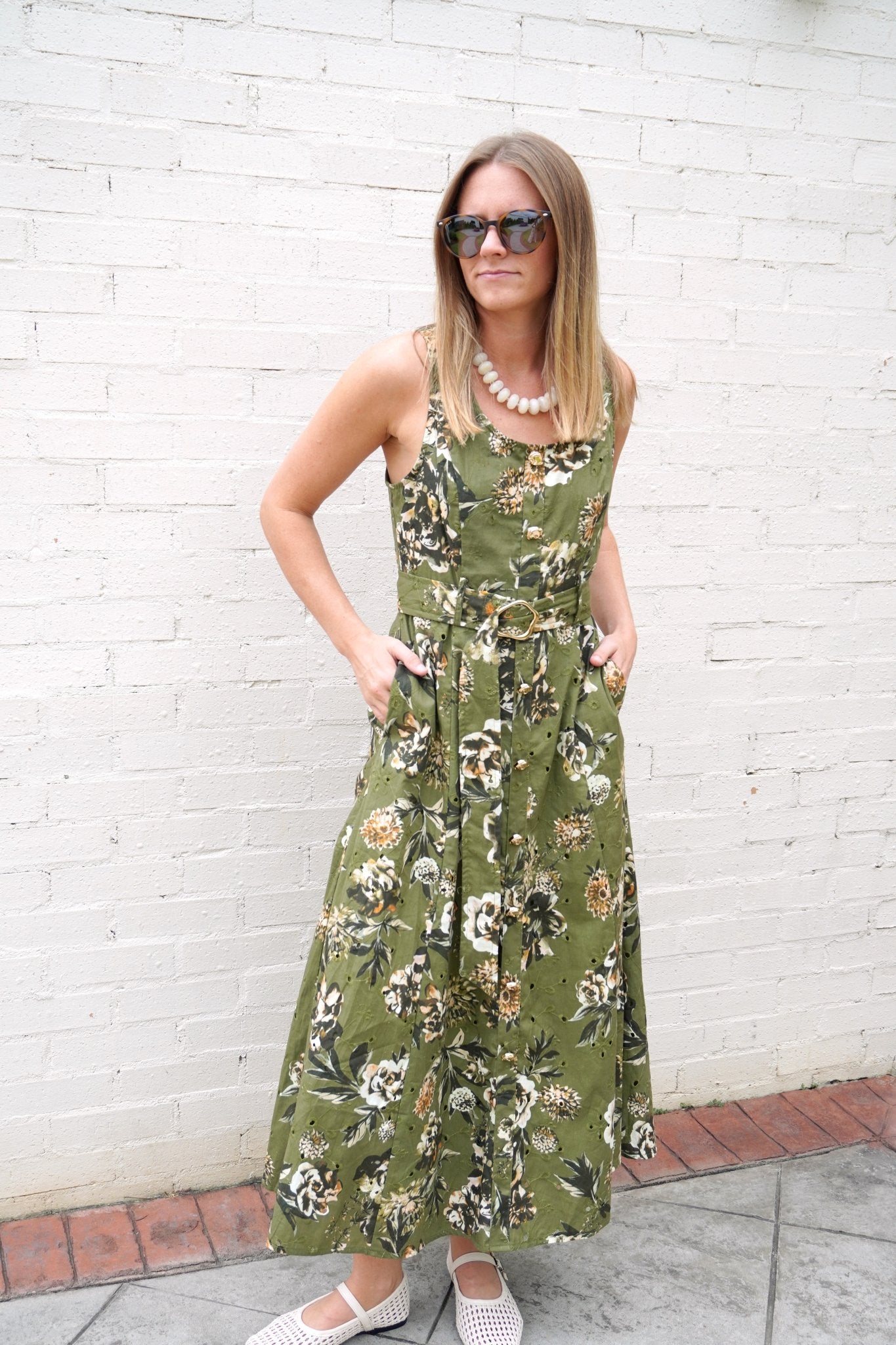 Olive Floral Belted Midi Dress Large