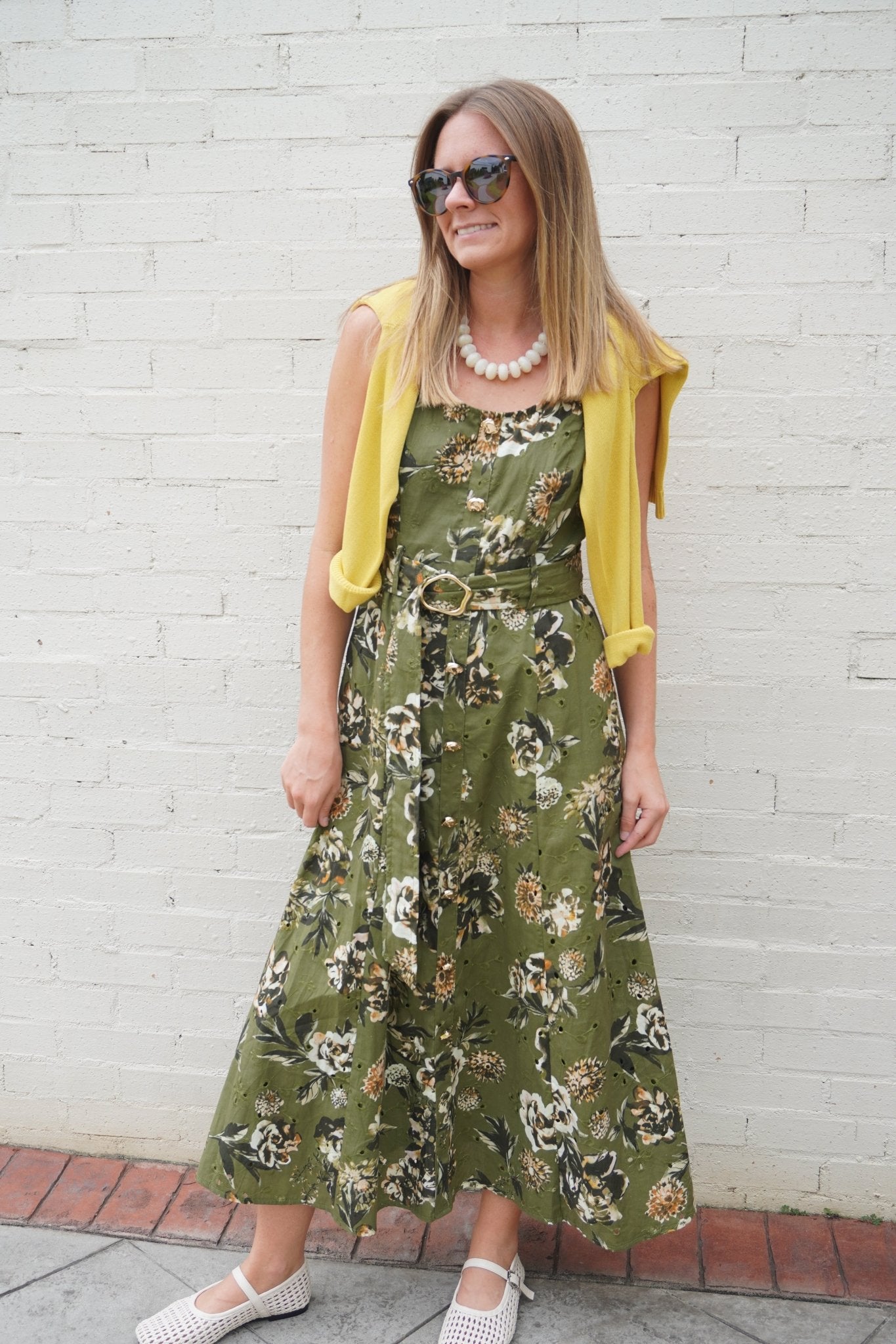 Olive Floral Belted Midi Dress - Anderson Ave boutique