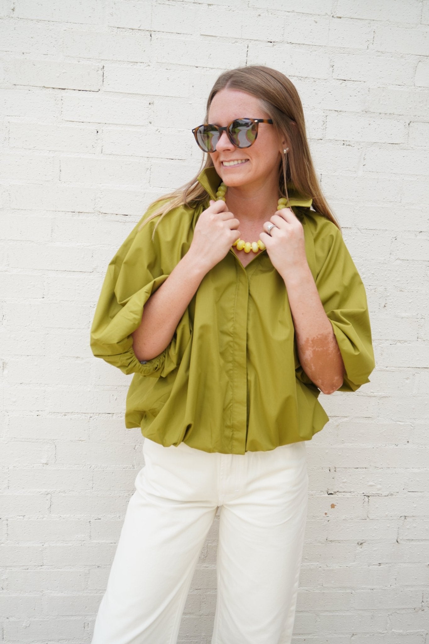 Olive Gathered Balloon Sleeve Blouse - Anderson Ave boutique