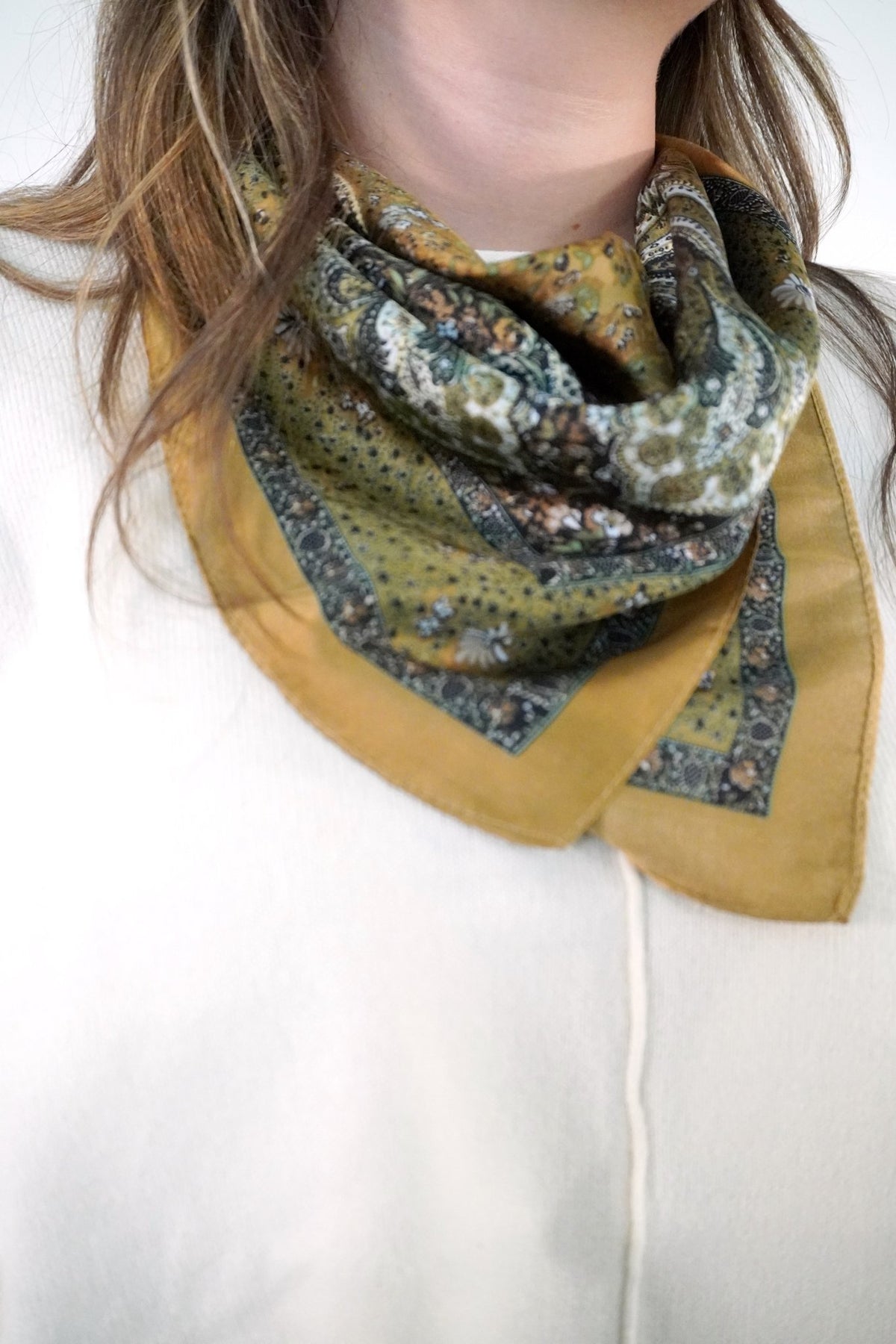 Olive Green and Camel Paisley Print Satin Square Scarf - Anderson Ave boutique
