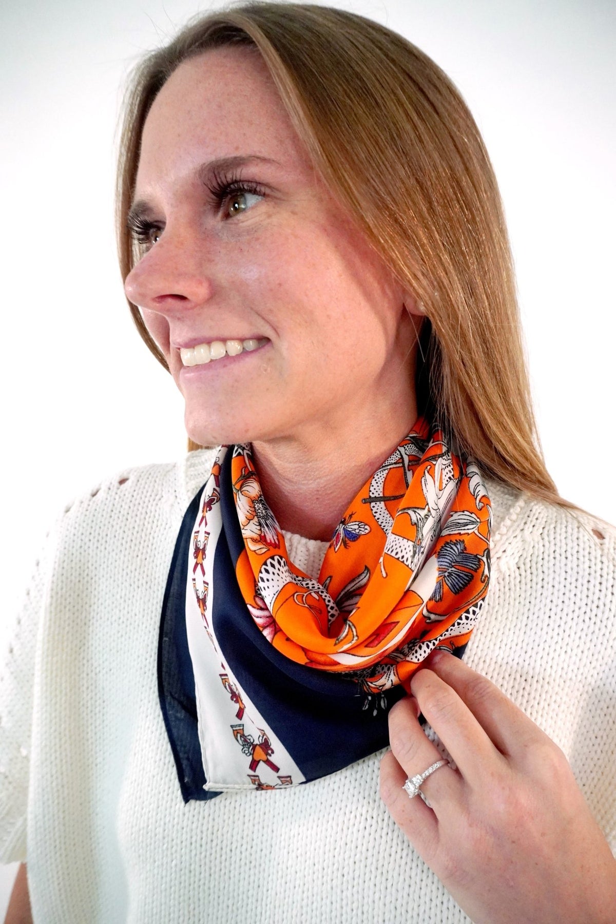 Orange and Navy Floral Print Satin Square Scarf - Anderson Ave boutique