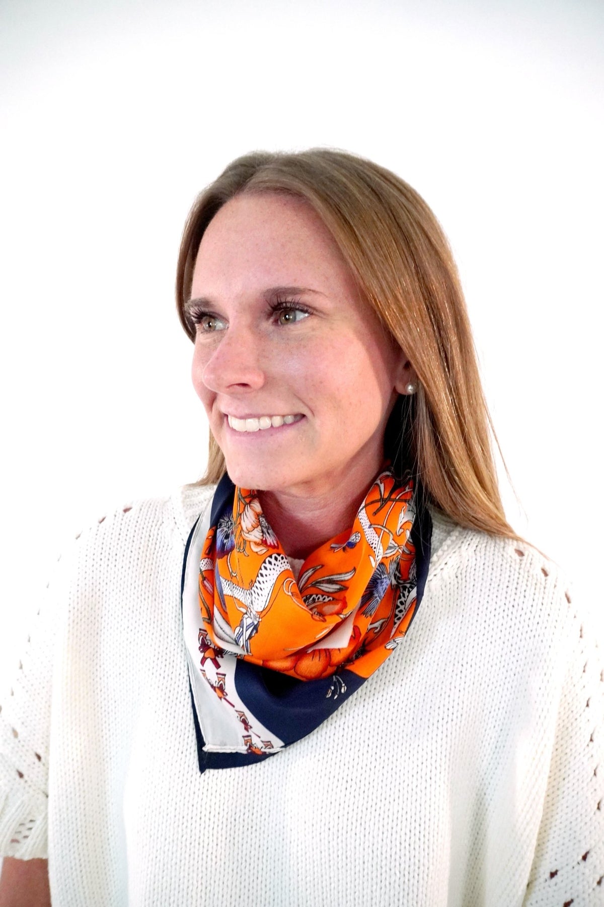 Orange and Navy Floral Print Satin Square Scarf - Anderson Ave boutique