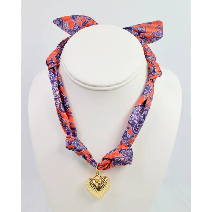 Orange & Blue Scarf Necklace with Gold Charm - Anderson Ave boutique