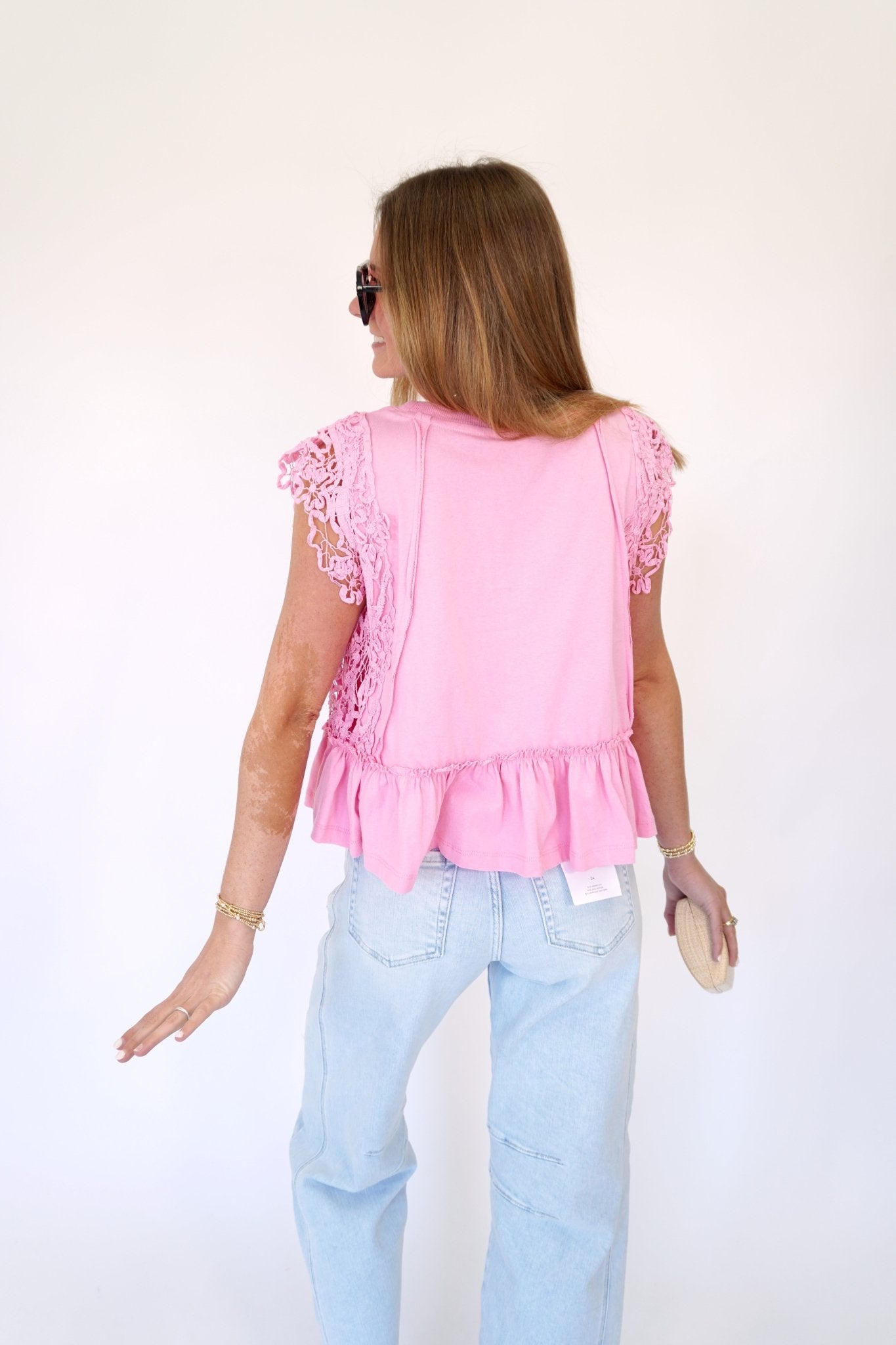 Petal Pink Lace Ruffle Top – Feminine Boho Crochet Blouse - Anderson Ave boutique